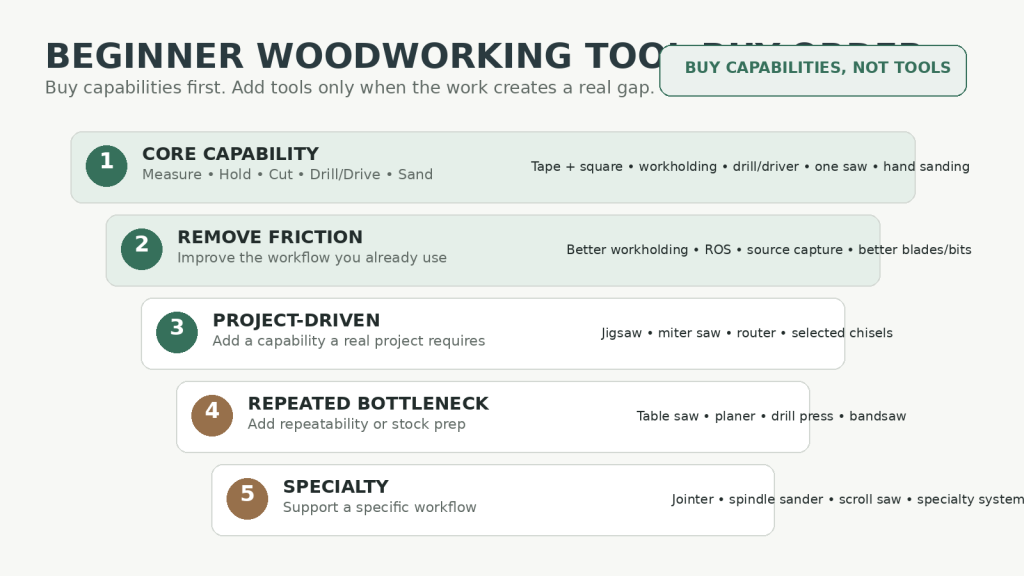 Beginner woodworking tool buy-order ladder