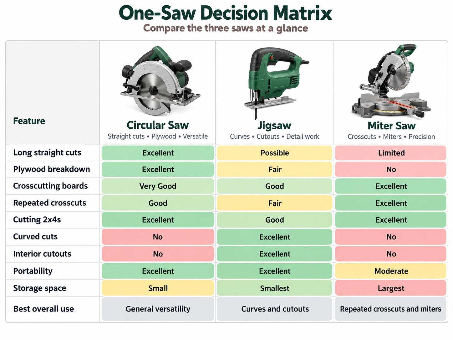 One-Saw Decision Matrix comparing circular saw, jigsaw, and miter saw