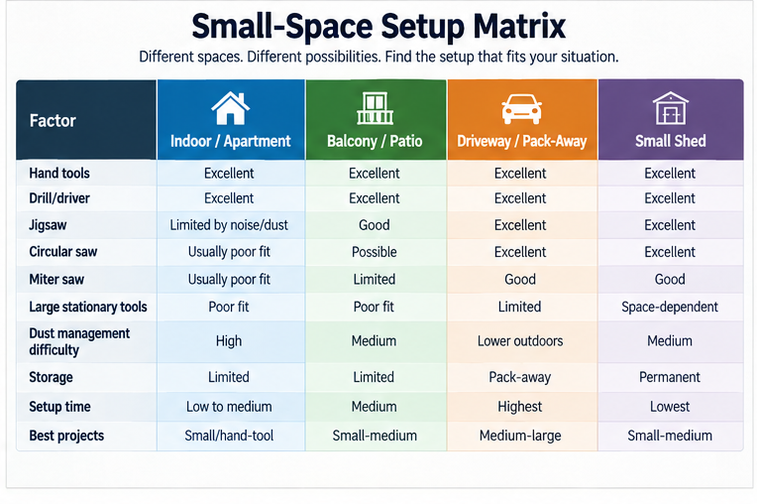 Small-space woodworking setup matrix comparing apartment, patio, driveway and shed workshops