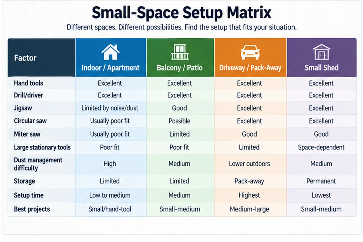 Matrix comparing apartment, patio, driveway, and shed woodworking setups
