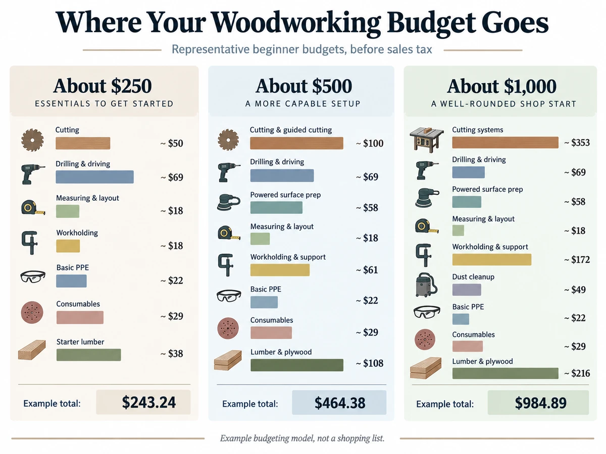 Comparison showing where 250, 500, and 1000 dollar woodworking budgets go