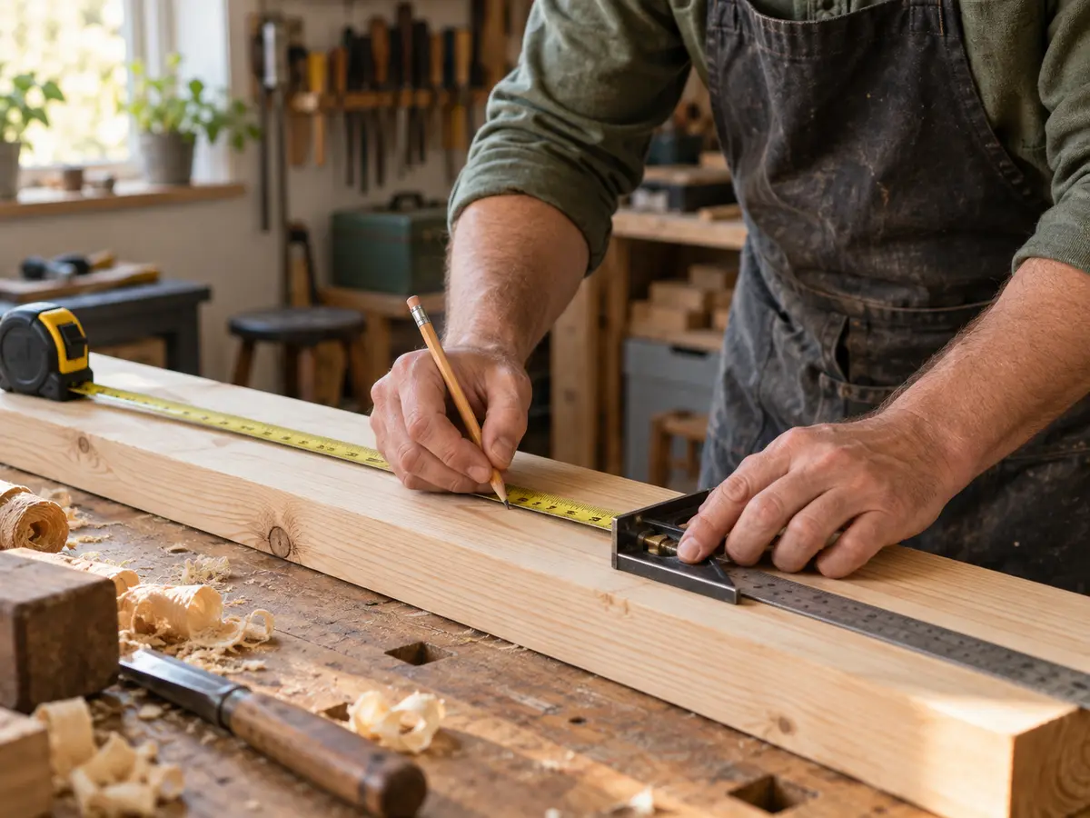 Home woodworker measuring and marking a board at a workbench