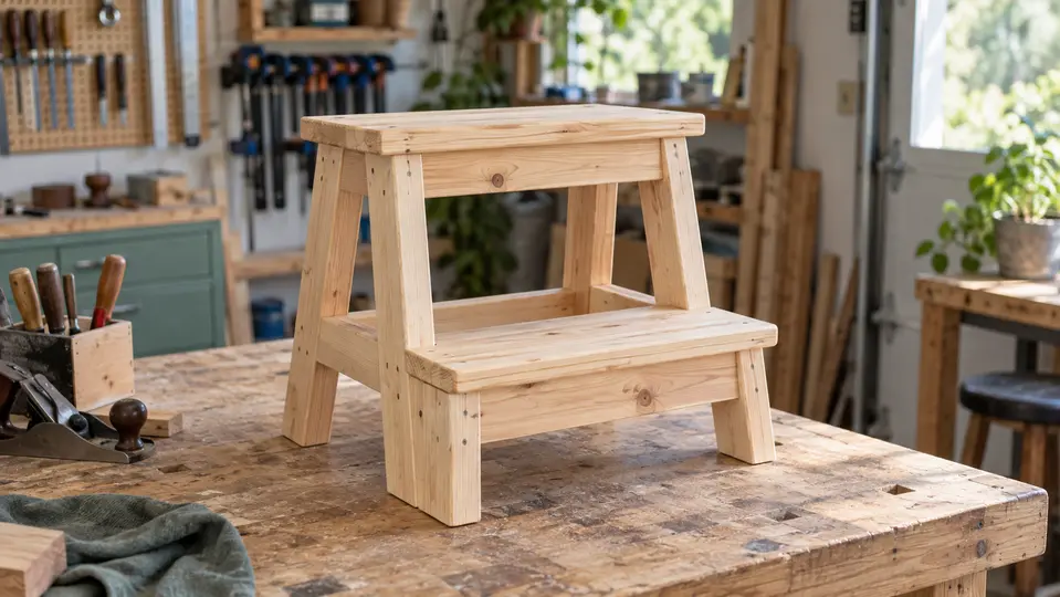 Beginner-built wooden step stool on a home workshop bench