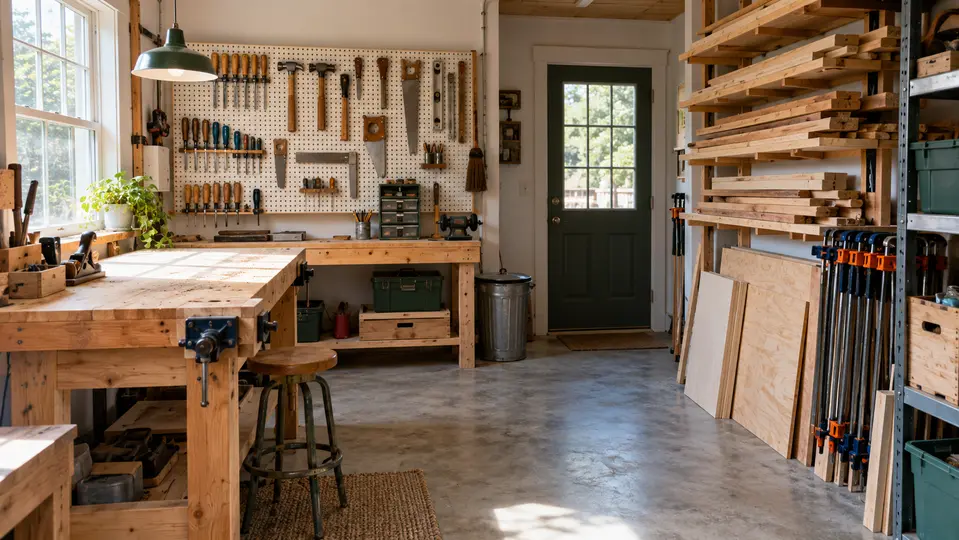 Compact home woodworking workshop with organized tools and lumber storage