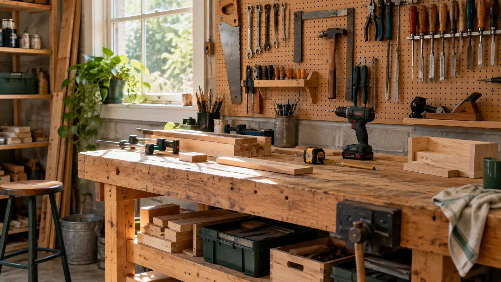 Organized home woodworking workshop with a wooden workbench and hand tools