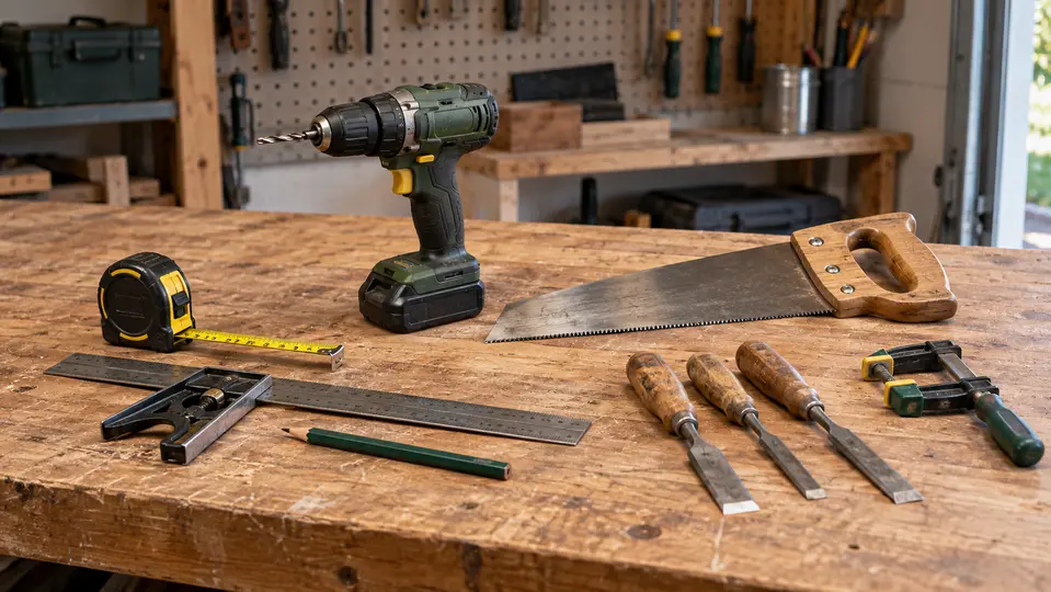 Essential beginner woodworking tools arranged on a wooden workbench